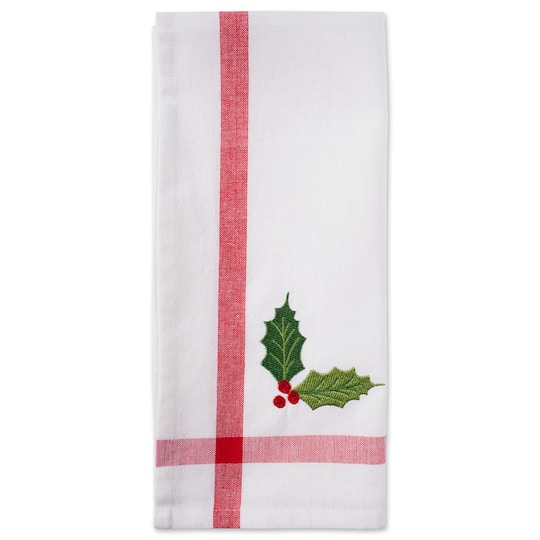 DII® Red & White Stripe Holly & Mistletoe Holiday Embroidered Dishtowel Set